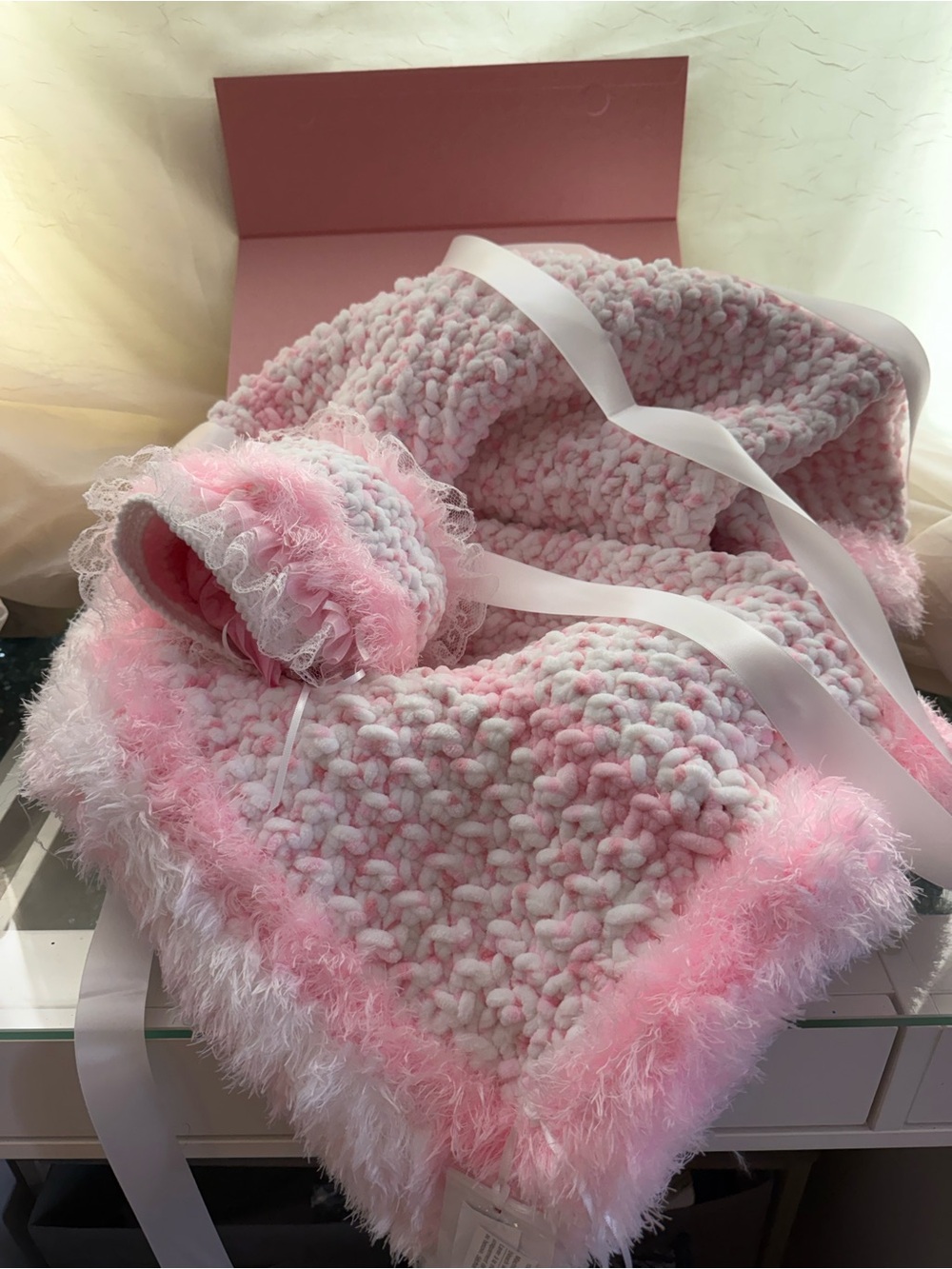 Pink Plush Knit Baby Blanket with Lace Trim - Kids Accessories
